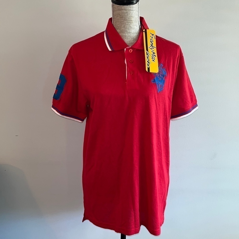 Franky Max Men's Polo Shirt
Short Sleeve Red.   #9 On Sleeve Size Large NWT